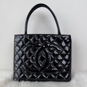 Chanel Black Quilted Patent Leather Medallion Tote